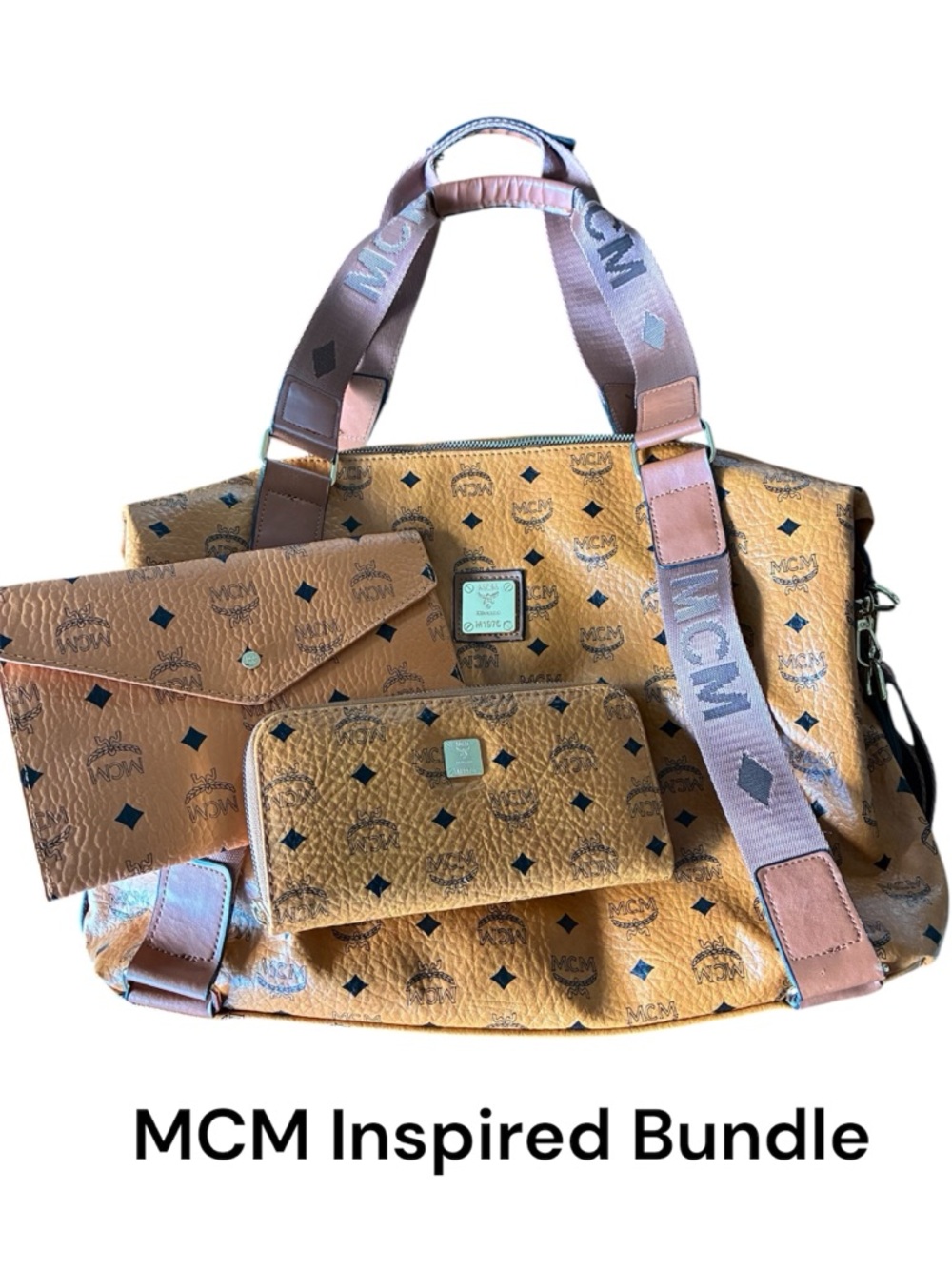 Inspired MCM Cognac Logo Tote with Matching Wallet & Pouch